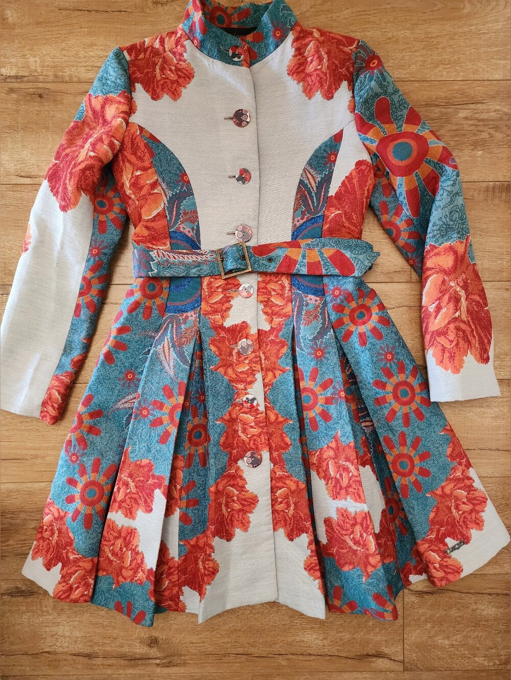 RARE Desigual Podium FLORAL Jaquard Coat Dress Size 40 US S (4/6) Belted Pleated - Picture 2 of 13